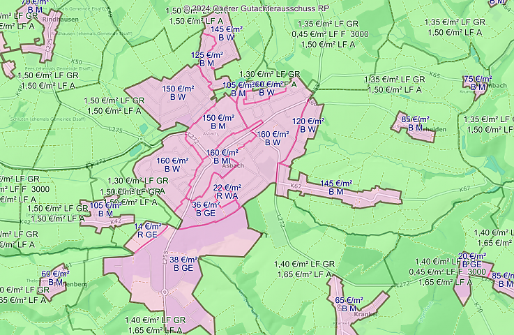 Screenshot einer Bodenrichtwerte Asbach Westerwald