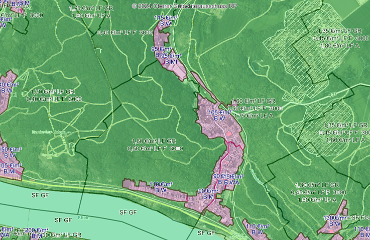 Screenshot der Bodenrichtwerte Kasbach-Ohlenberg