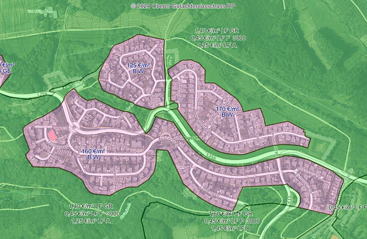 Screenshot der Bodenrichtwerte Linz Roniger Hof