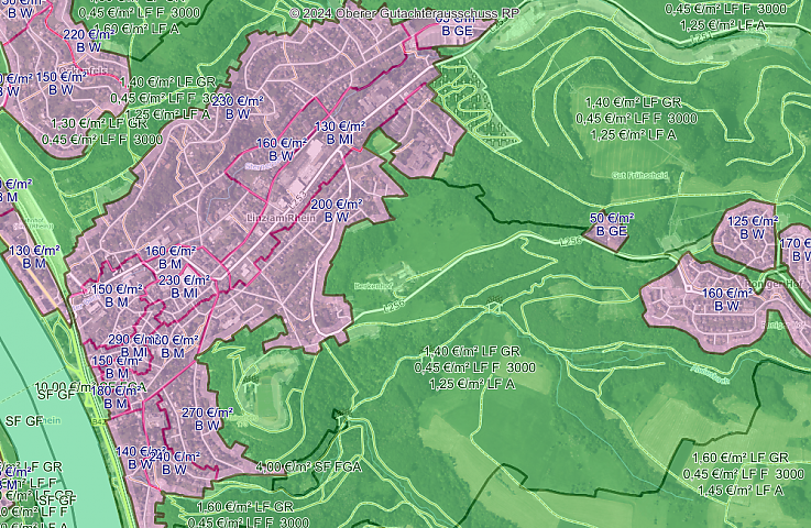 Screenshot einer Bodenrichtwerte Linz am Rhein