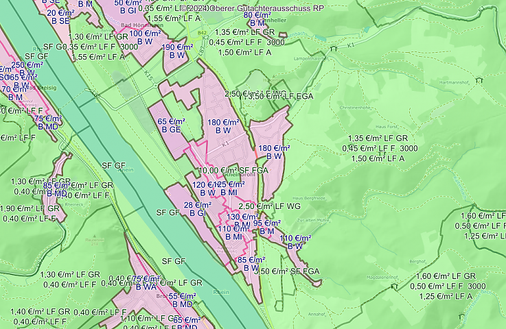 Screenshot der Bodenrichtwerte Rheinbrohl