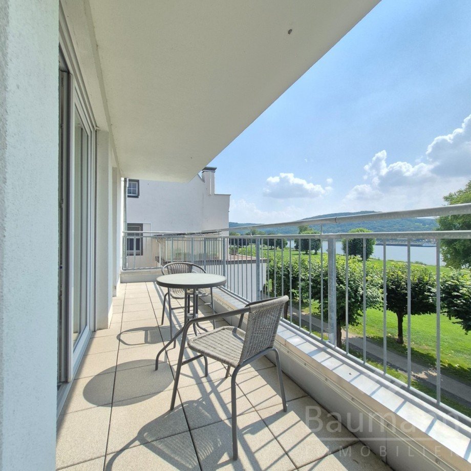 Balkon mit Blick auf den Rhein und die Rheinwiesen Etagenwohnung Bad H�nningen